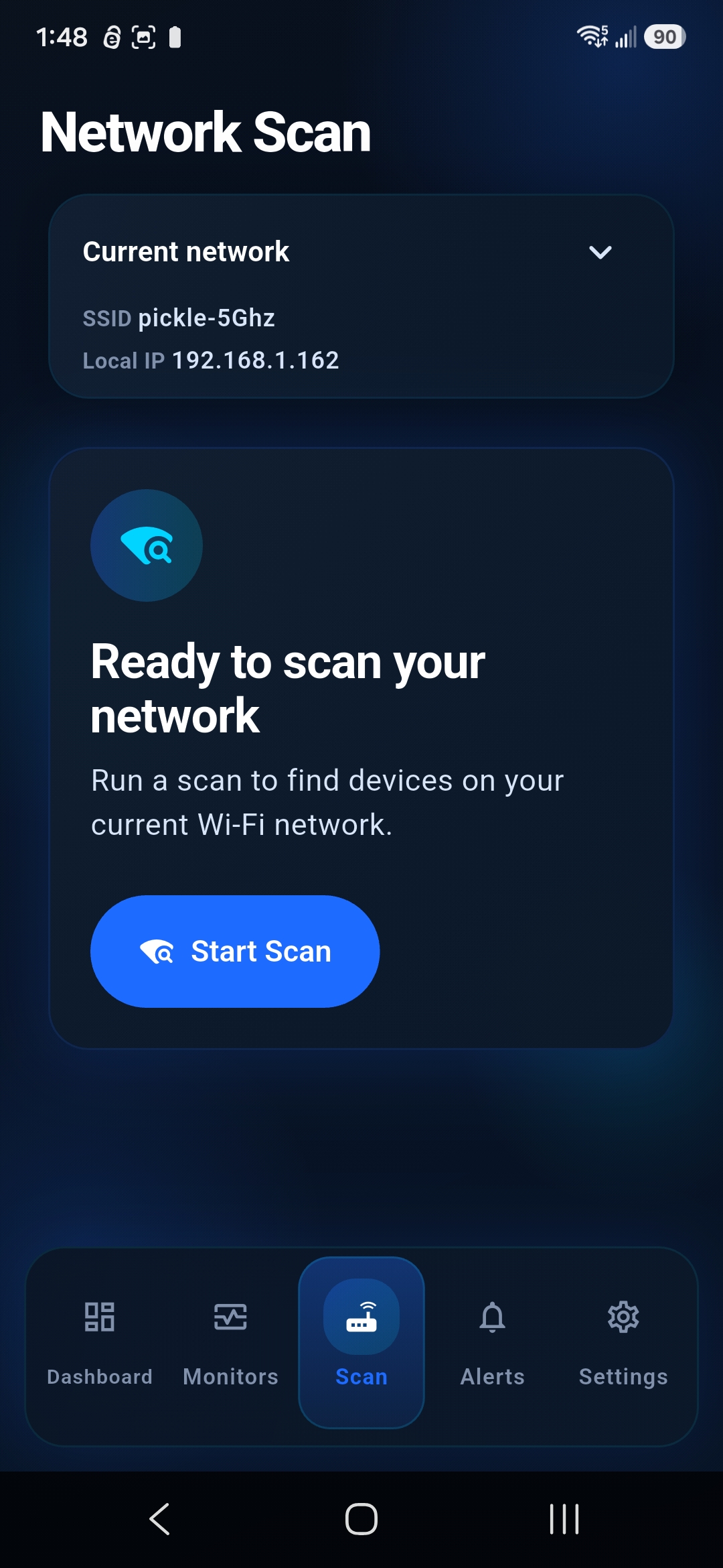 UptiLink local network scanner ready to begin scanning LAN addresses